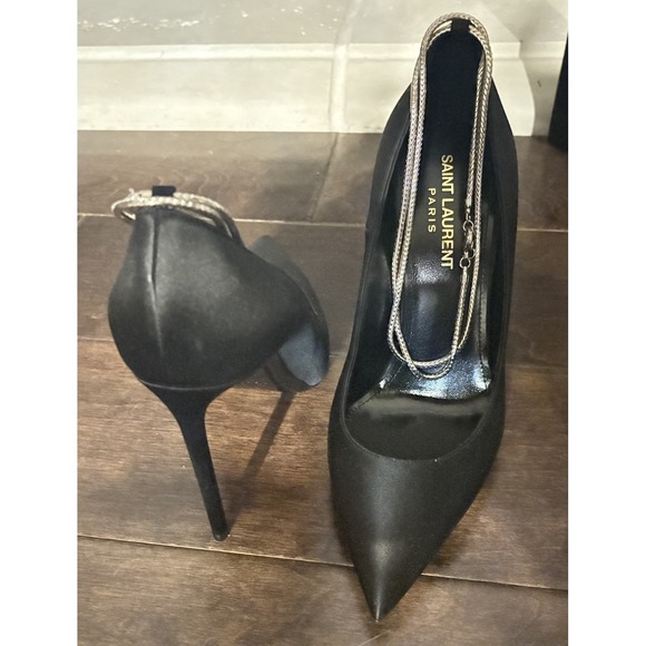 New Saint Laurent Paris Zoe‎ Chain Black Satin Pump  SIZE 36.5 - Picture 6 of 11